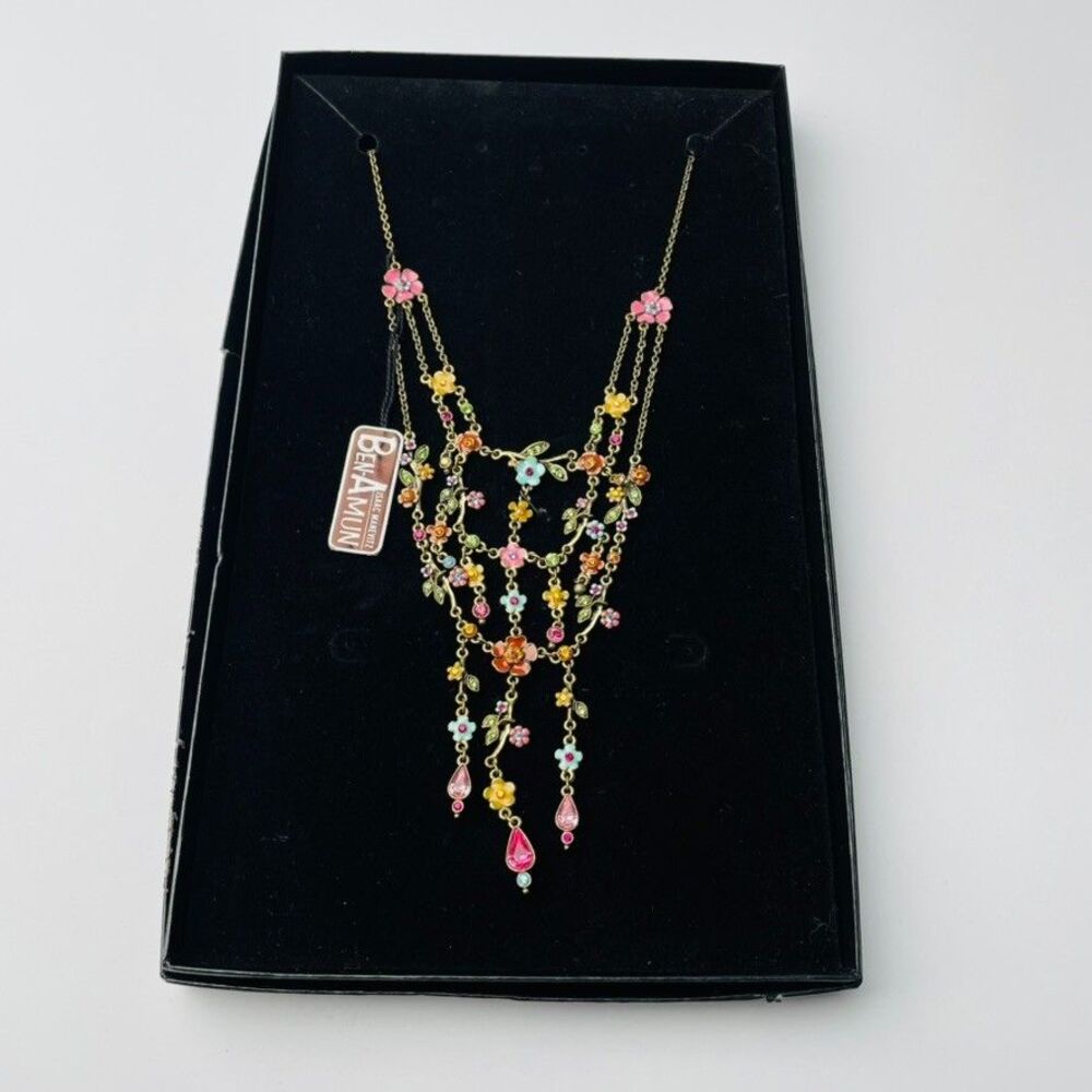 NWT Isaac Manevitz Ben-Amun Enamel Floral Crystal Chandelier Necklace Boxed